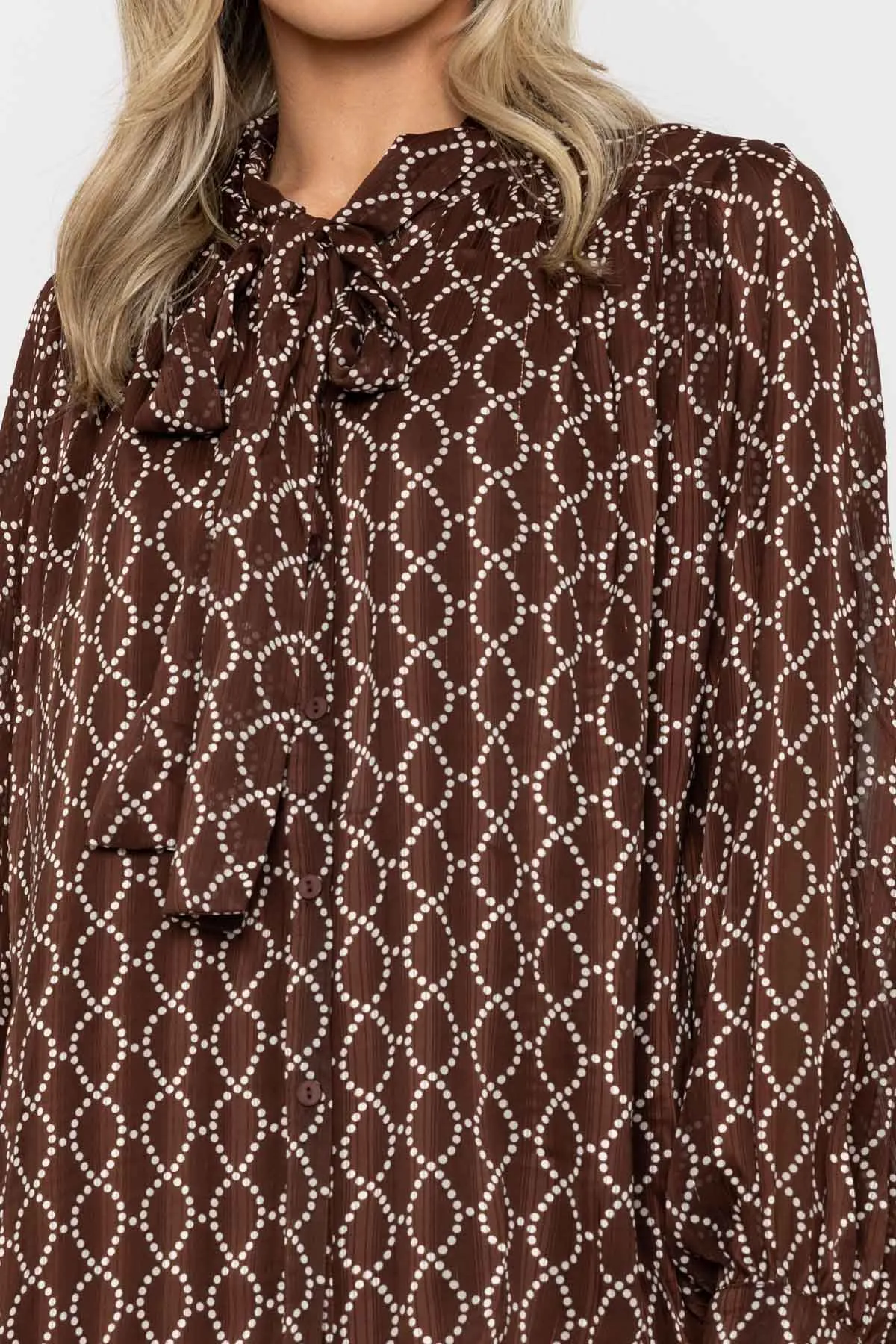 Long Sleeve Printed Pussy Bow Blouse in Brown