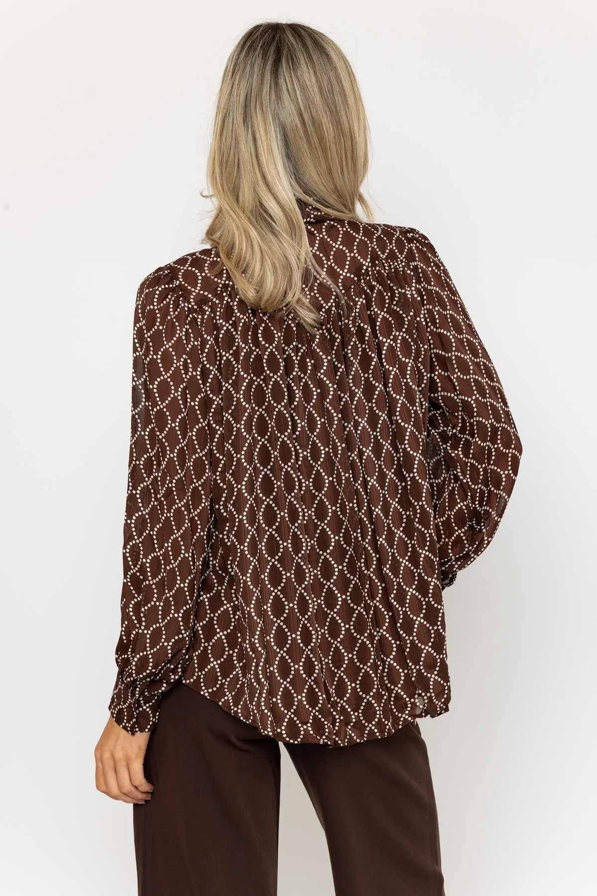 Long Sleeve Printed Pussy Bow Blouse in Brown