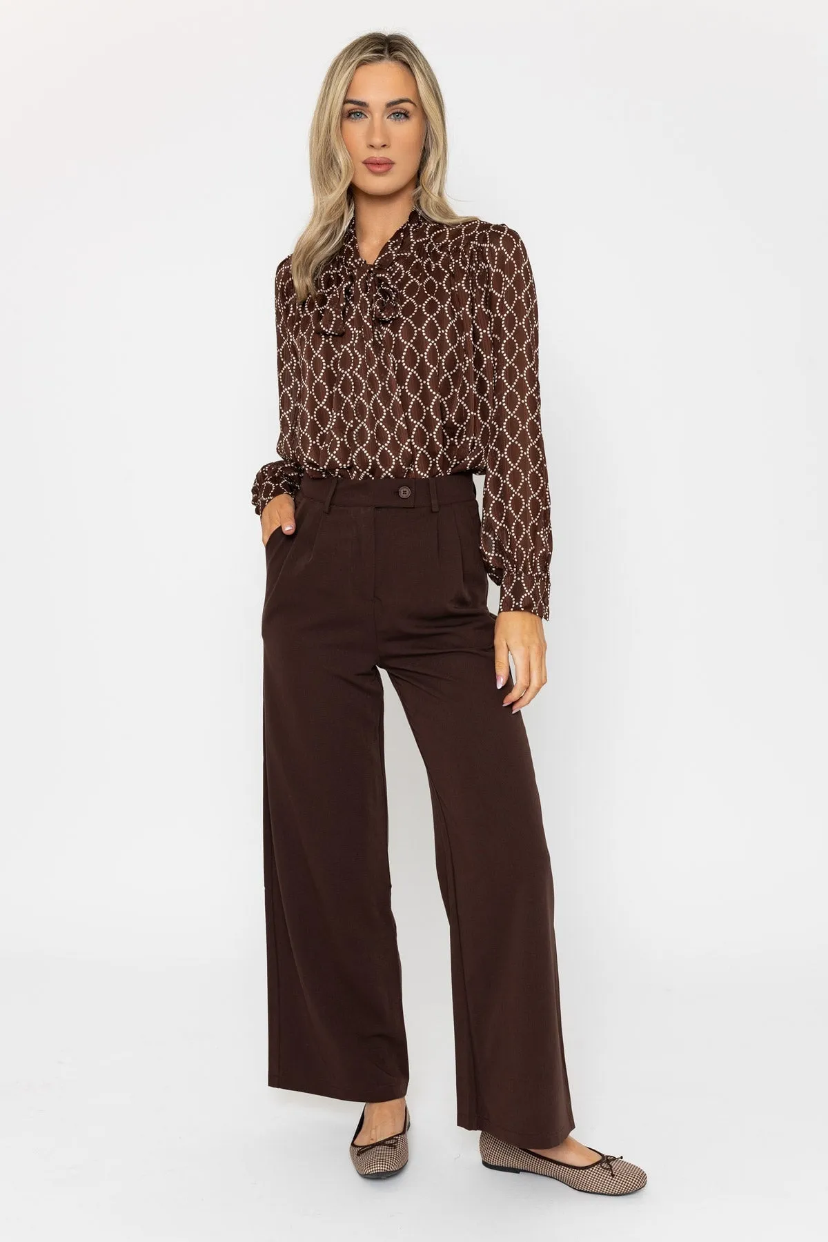 Long Sleeve Printed Pussy Bow Blouse in Brown