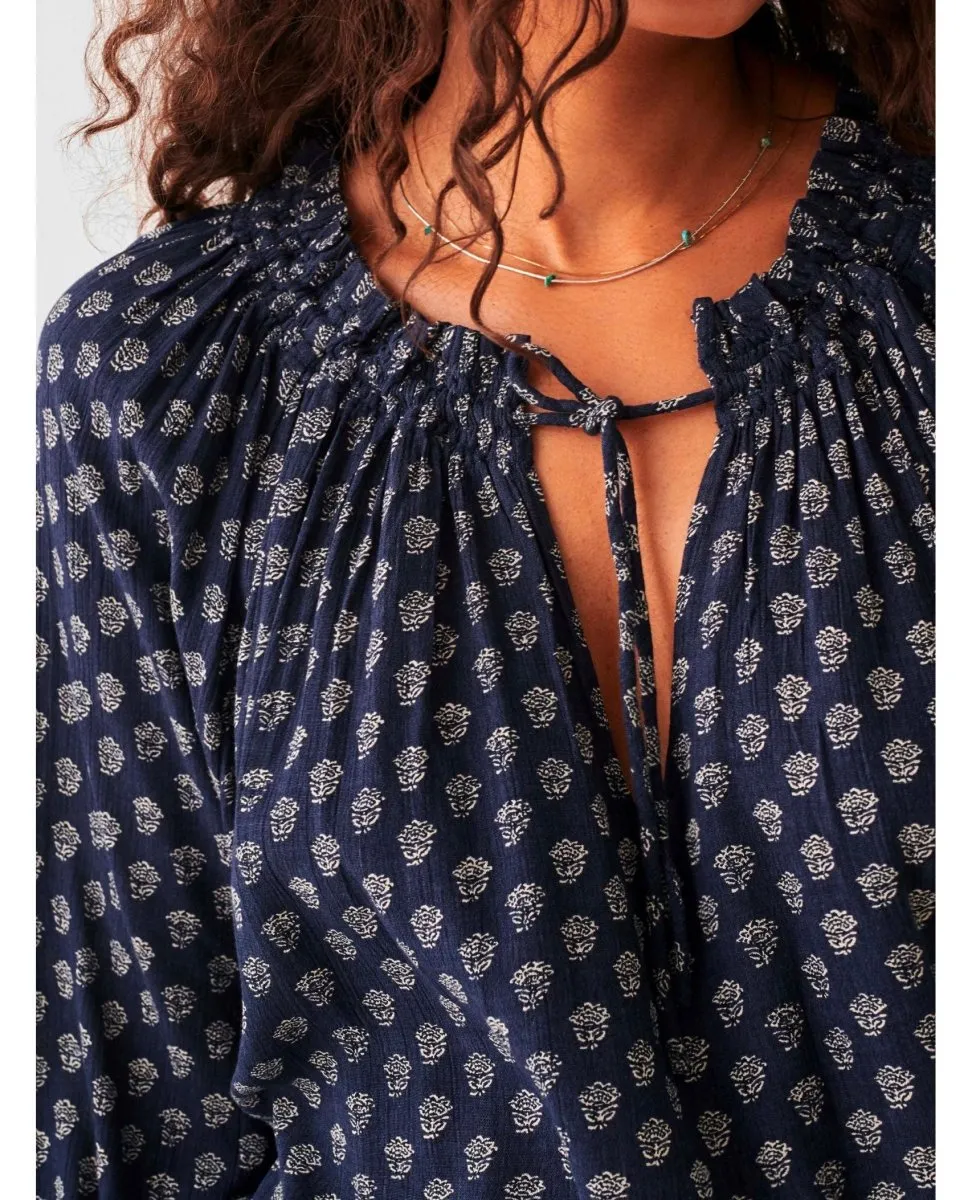 Lotus Floral Print Navy Blouse