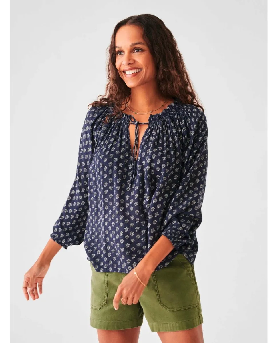 Lotus Floral Print Navy Blouse