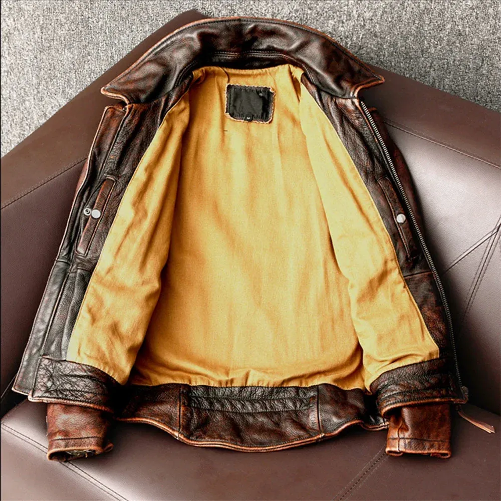 Men Genuine Leather Jacket Vintage Brown 100% Cowhide Coat Man Slim Fashion Biker jacket