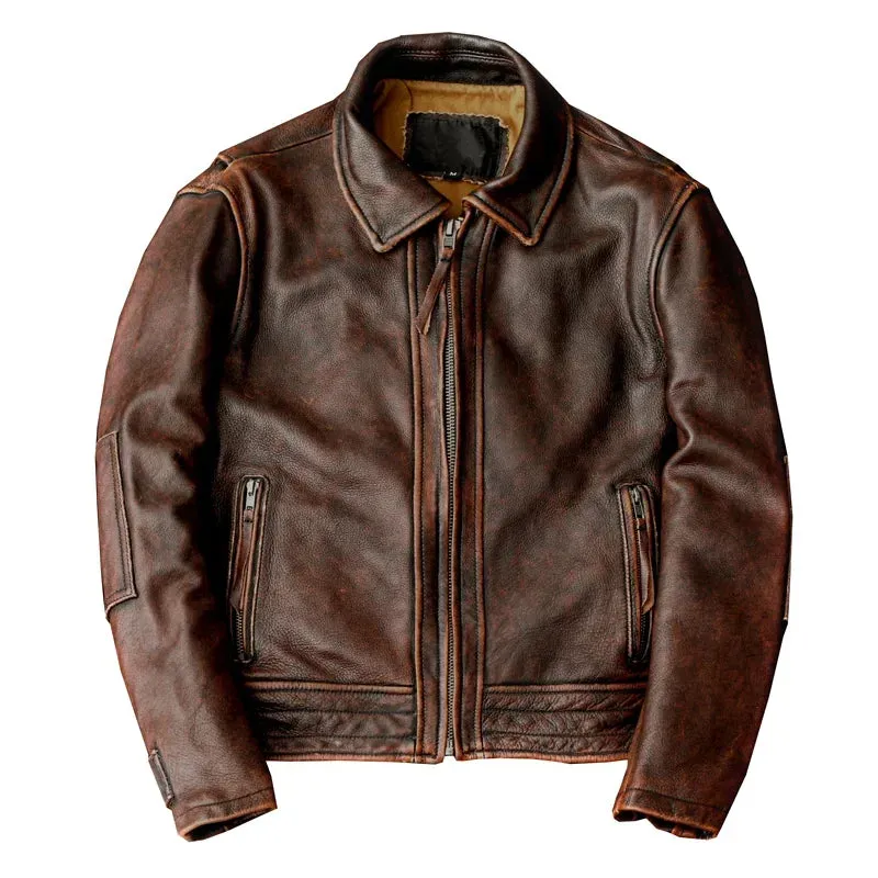 Men Genuine Leather Jacket Vintage Brown 100% Cowhide Coat Man Slim Fashion Biker jacket