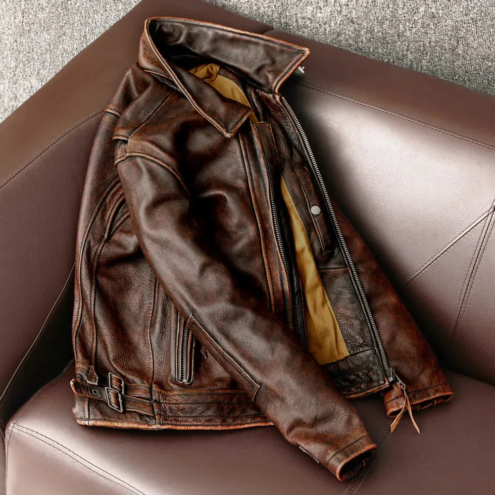 Men Genuine Leather Jacket Vintage Brown 100% Cowhide Coat Man Slim Fashion Biker jacket