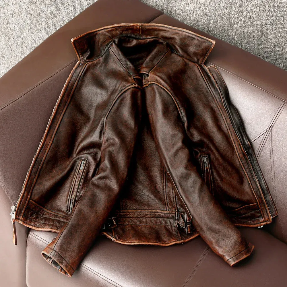 Men Genuine Leather Jacket Vintage Brown 100% Cowhide Coat Man Slim Fashion Biker jacket