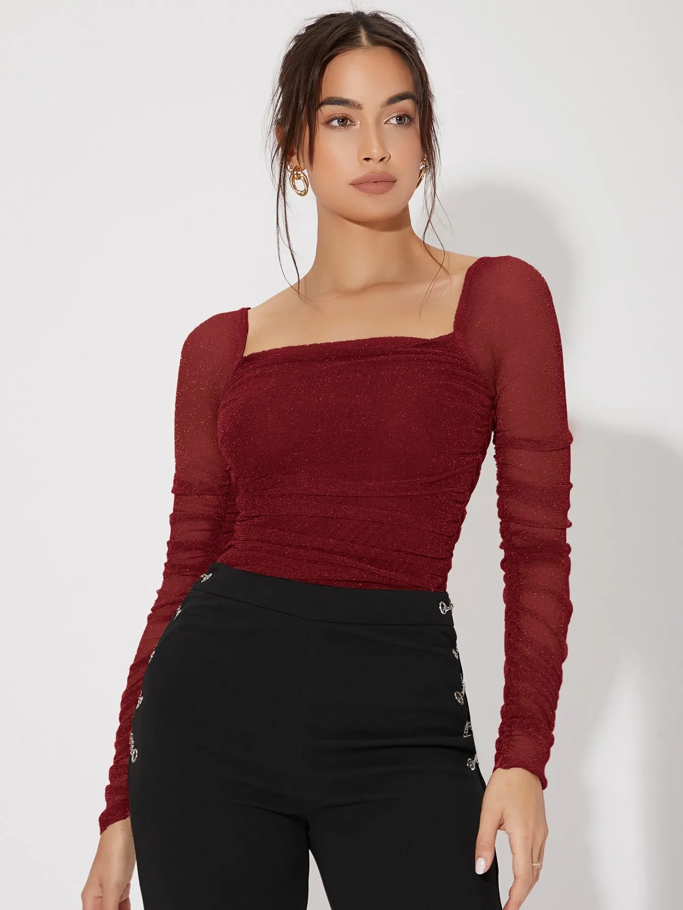 Mesh Panel Ruched Glitter Top
