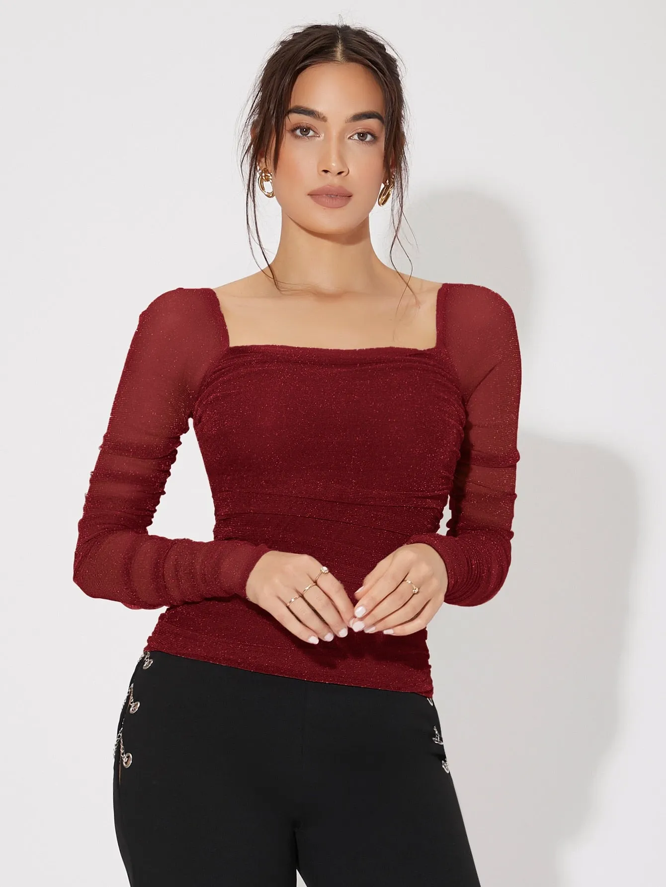 Mesh Panel Ruched Glitter Top