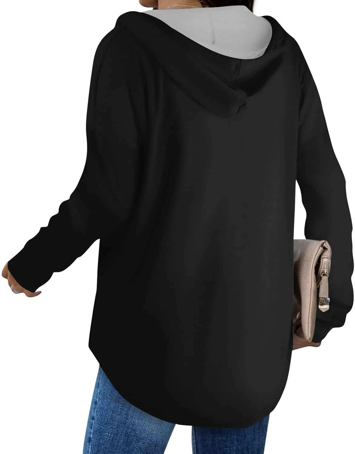 Oversized V Neck Hoodie for Women Long Sleeve Shirts Loose Fit Tunic Tops Tshirts Soft Cmofy Blouse Solid Tees