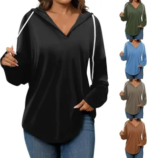 Oversized V Neck Hoodie for Women Long Sleeve Shirts Loose Fit Tunic Tops Tshirts Soft Cmofy Blouse Solid Tees