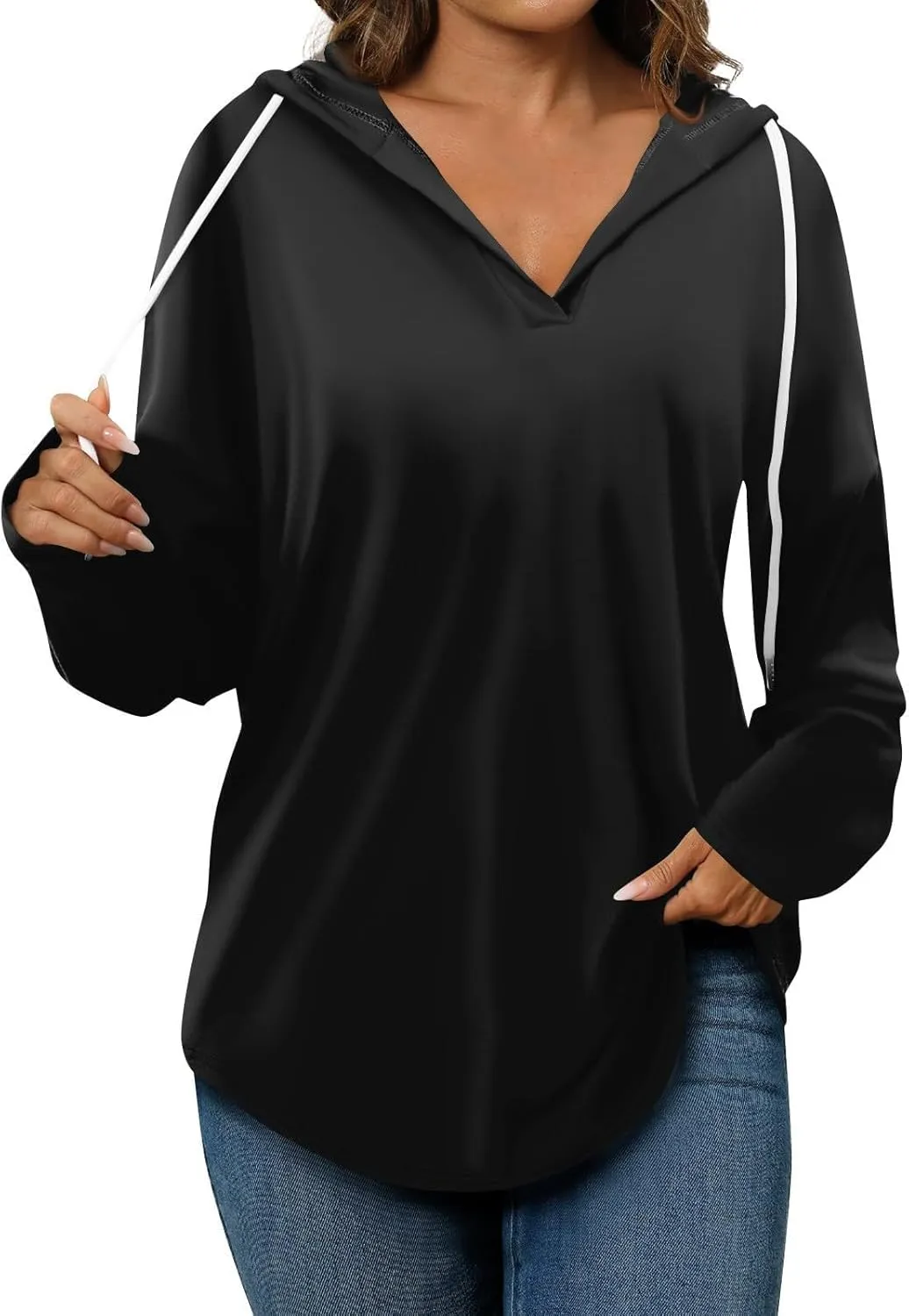 Oversized V Neck Hoodie for Women Long Sleeve Shirts Loose Fit Tunic Tops Tshirts Soft Cmofy Blouse Solid Tees