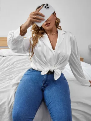 Plain Button Front Long Sleeve Lapel Long Plus Size Blouse