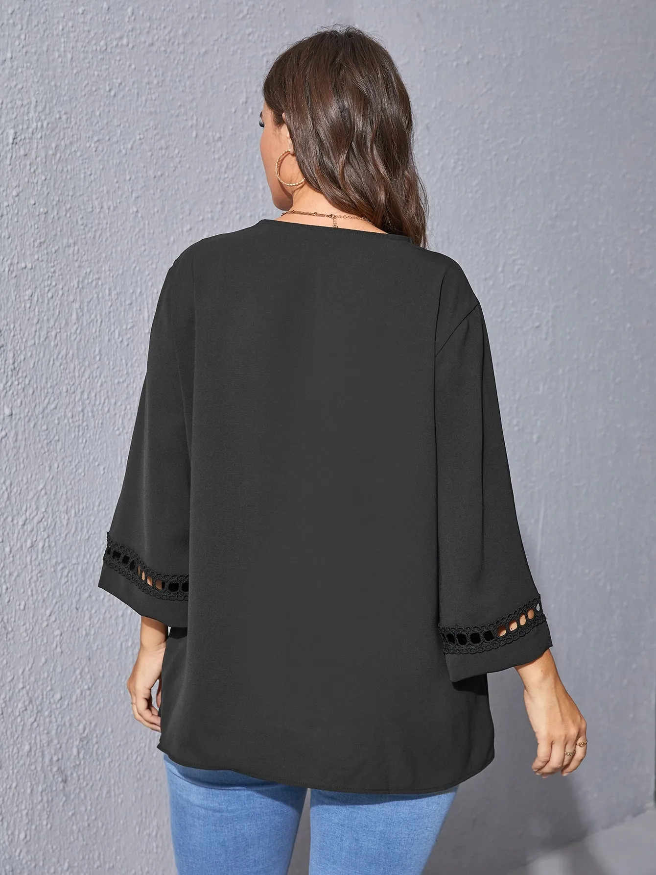Plain Contrast Lace Three Quarter Length Sleeve V Neck Regular Plus Size Blouse