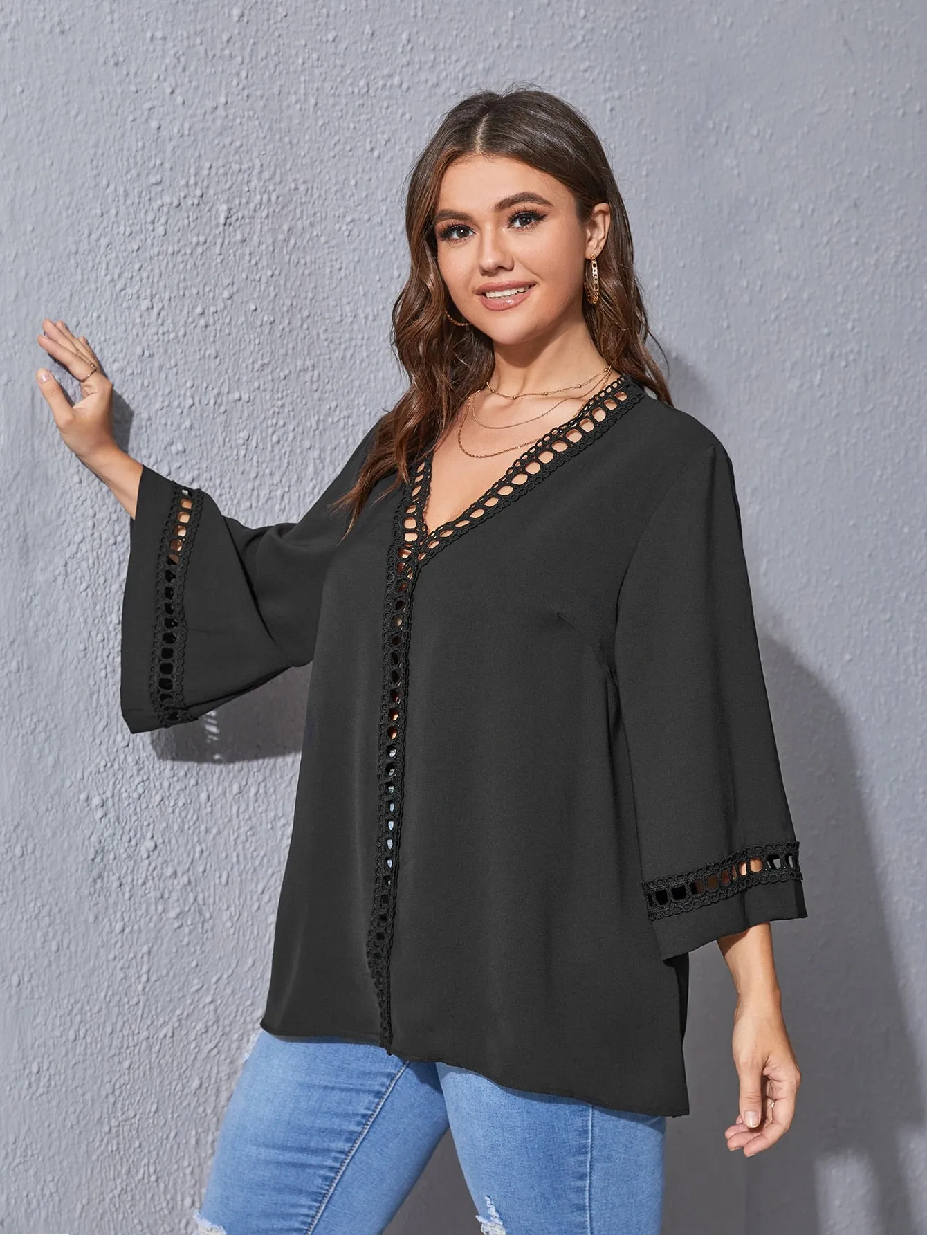 Plain Contrast Lace Three Quarter Length Sleeve V Neck Regular Plus Size Blouse
