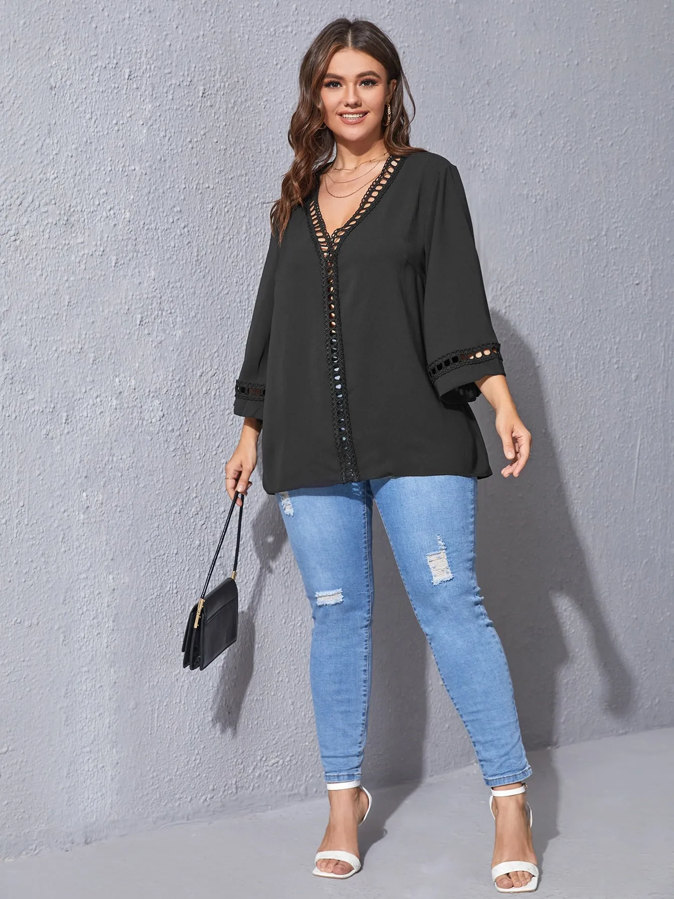 Plain Contrast Lace Three Quarter Length Sleeve V Neck Regular Plus Size Blouse