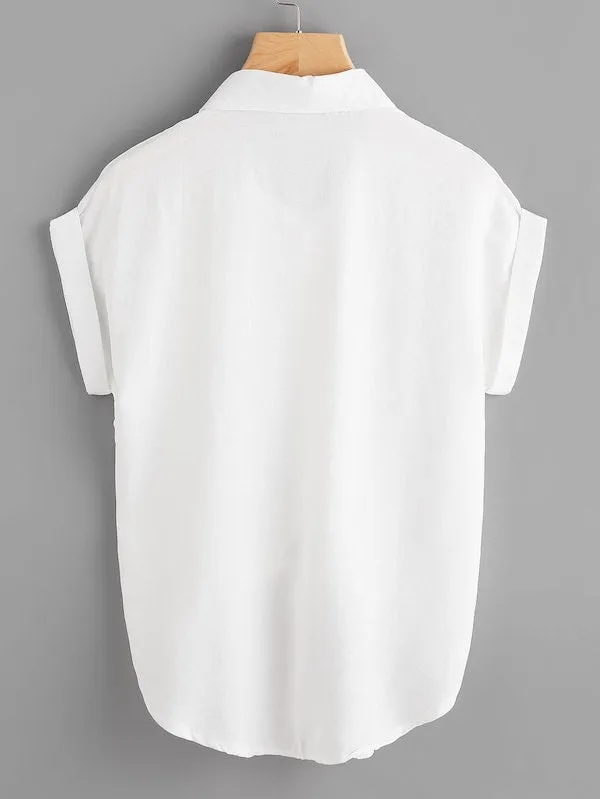 Plain Knot Short Sleeve Collar Regular Plus Size Blouse