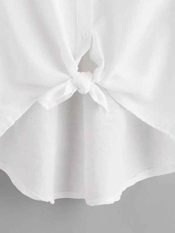 Plain Knot Short Sleeve Collar Regular Plus Size Blouse
