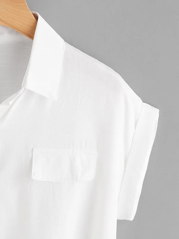 Plain Knot Short Sleeve Collar Regular Plus Size Blouse