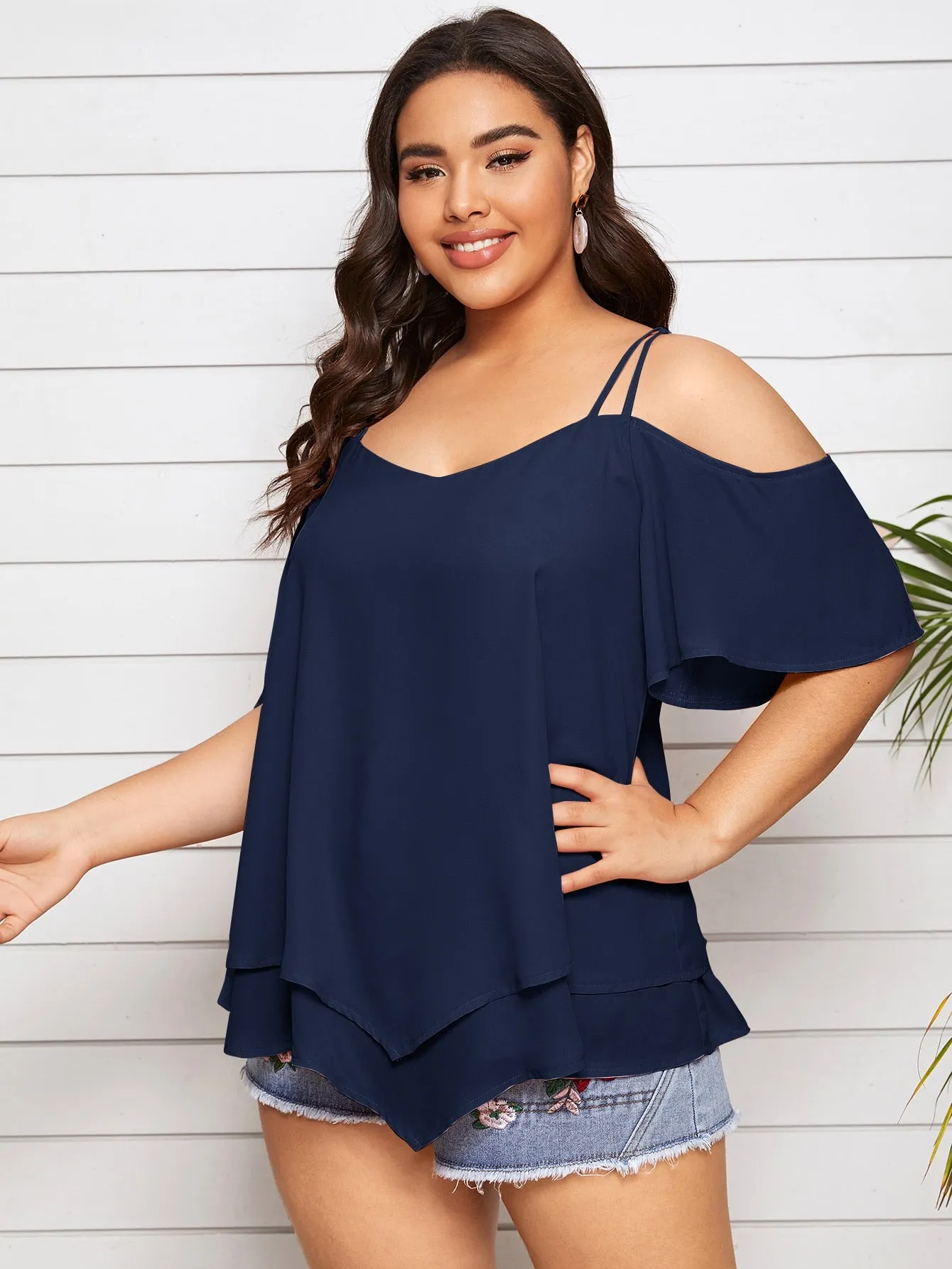 Plain Tiered Layer Short Sleeve Cold Shoulder Regular Plus Size Blouse