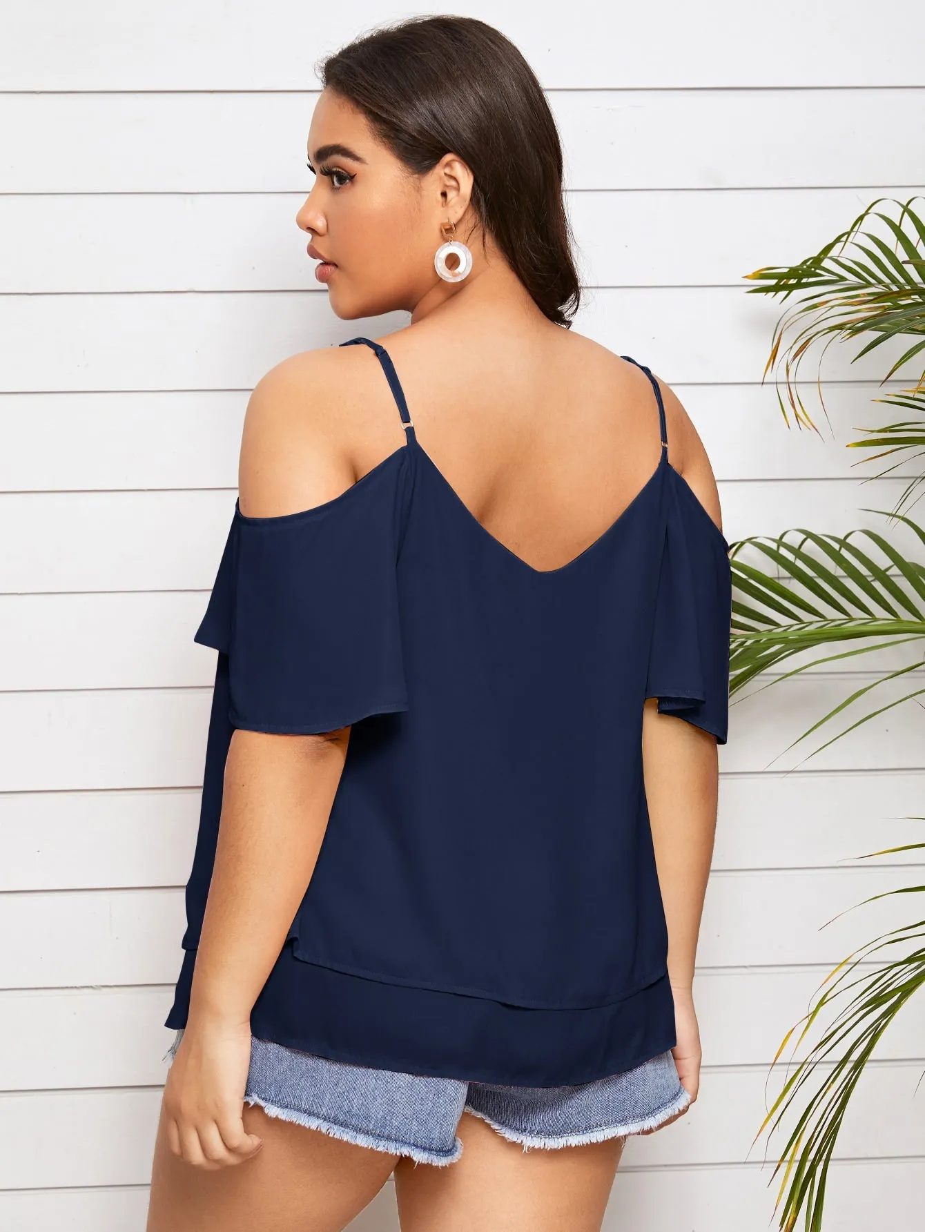 Plain Tiered Layer Short Sleeve Cold Shoulder Regular Plus Size Blouse
