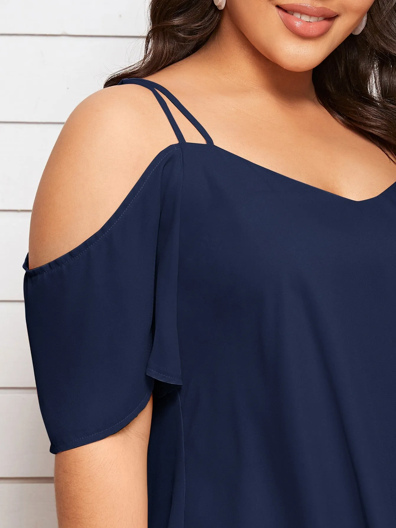 Plain Tiered Layer Short Sleeve Cold Shoulder Regular Plus Size Blouse