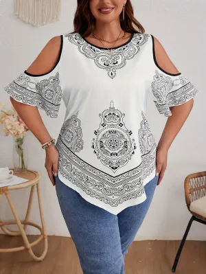 Plus Size Tribal Print Cold Shoulder Crew Neck Blouse - Elegant Hanky Hem, Non-Stretch Polyester, Woven, Positioning Printing, Summer Essential for Middle Eastern Inspired Fashion - Womens Plus Size Clothing for Spring and Summer
