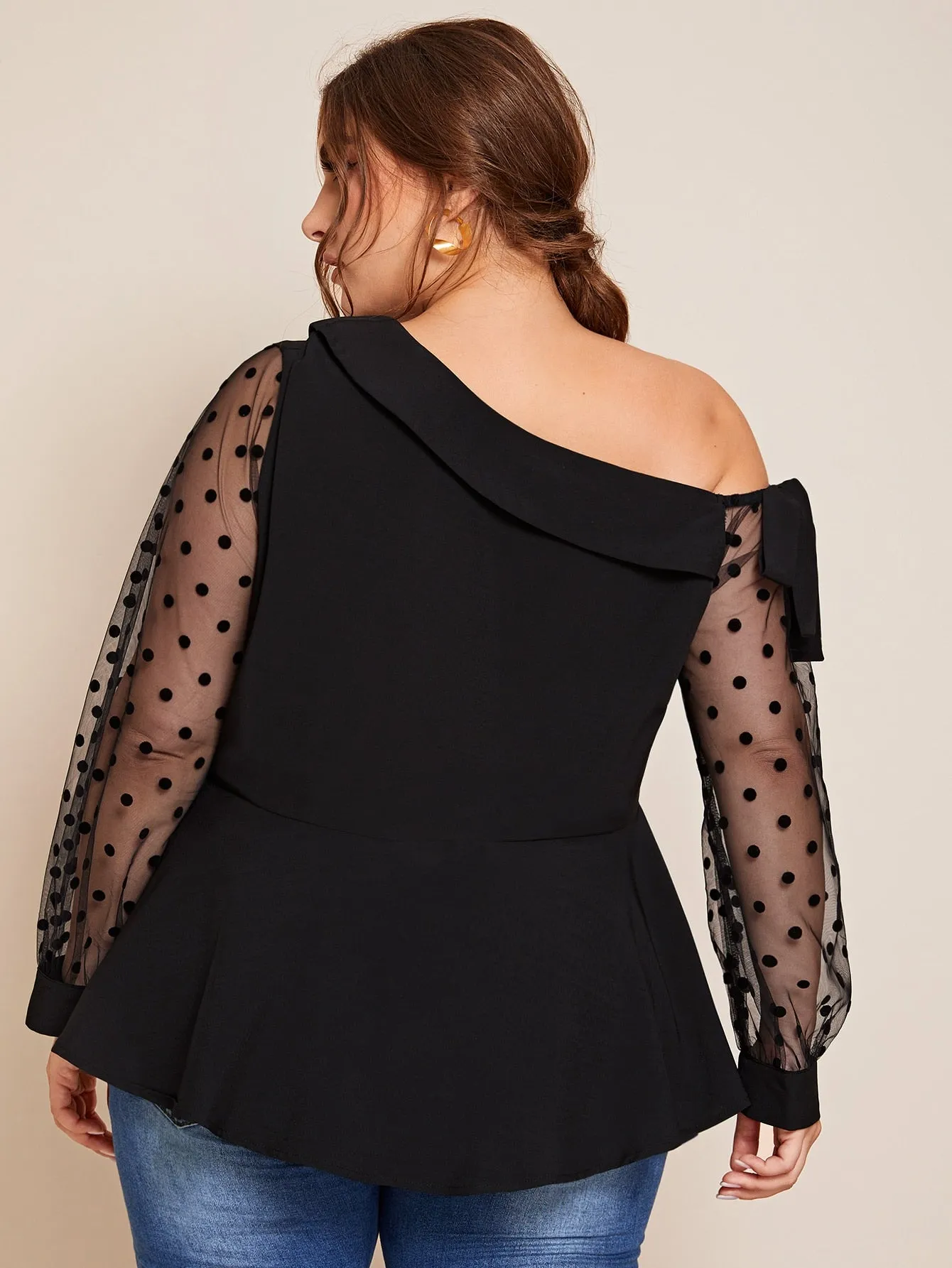 Polka Dot Ruffle Hem Long Sleeve Asymmetrical Neck Regular Plus Size Blouse