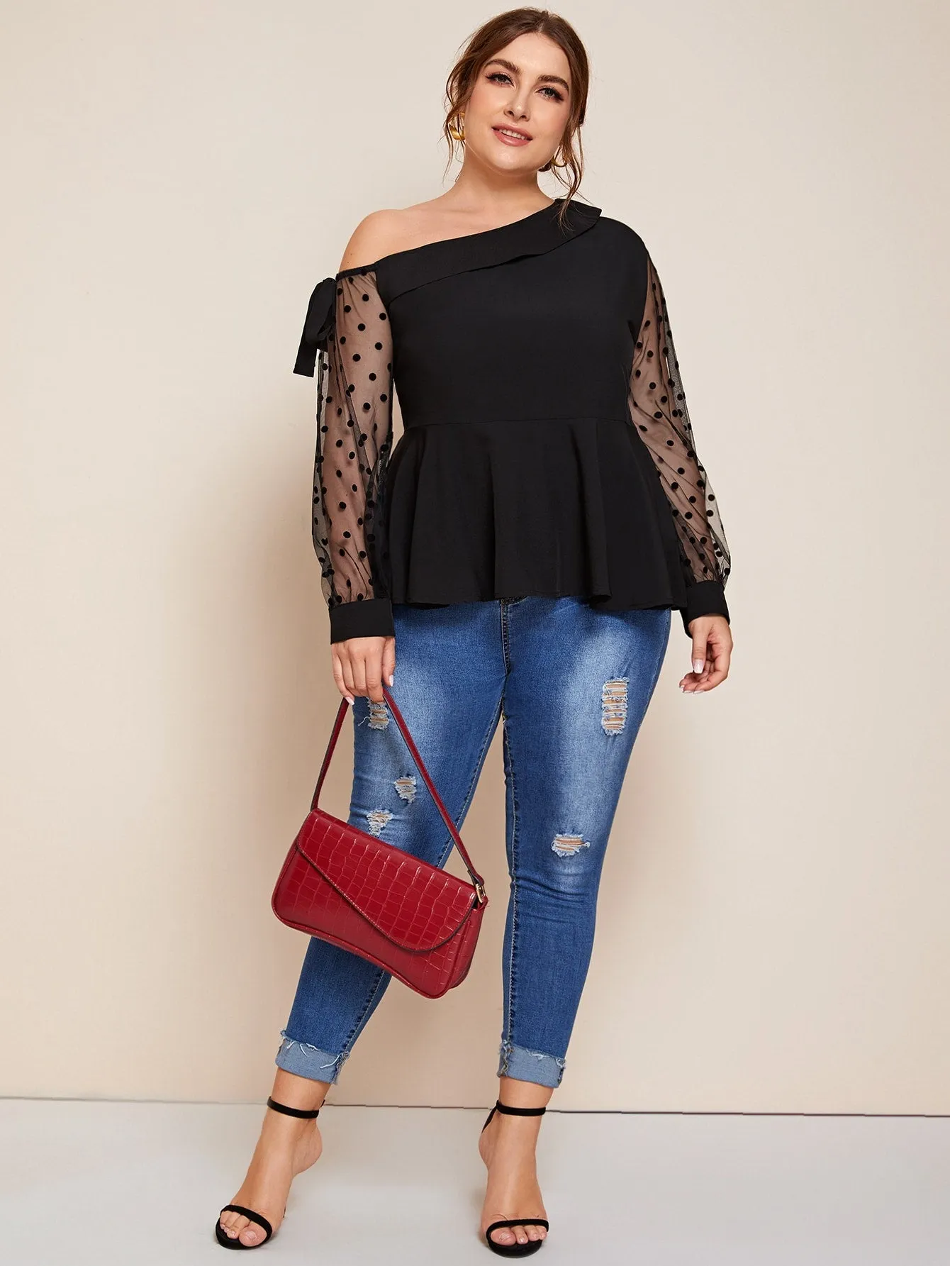 Polka Dot Ruffle Hem Long Sleeve Asymmetrical Neck Regular Plus Size Blouse