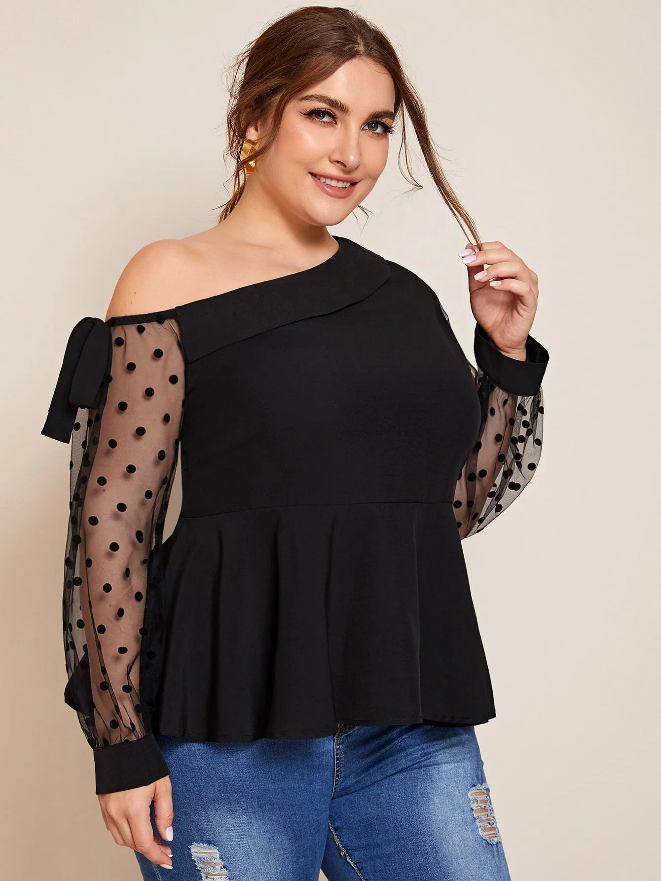 Polka Dot Ruffle Hem Long Sleeve Asymmetrical Neck Regular Plus Size Blouse