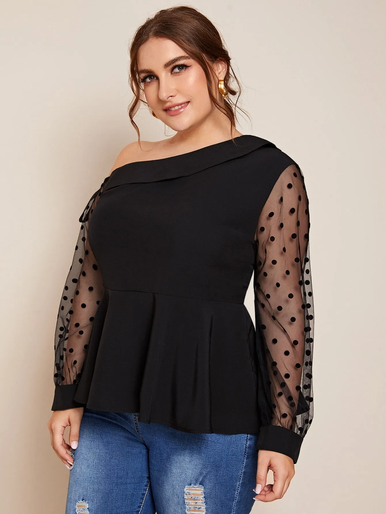 Polka Dot Ruffle Hem Long Sleeve Asymmetrical Neck Regular Plus Size Blouse