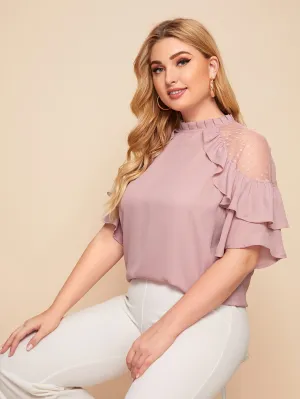 Polka Dot Sheer Half Sleeve Stand Collar Regular Plus Size Blouse