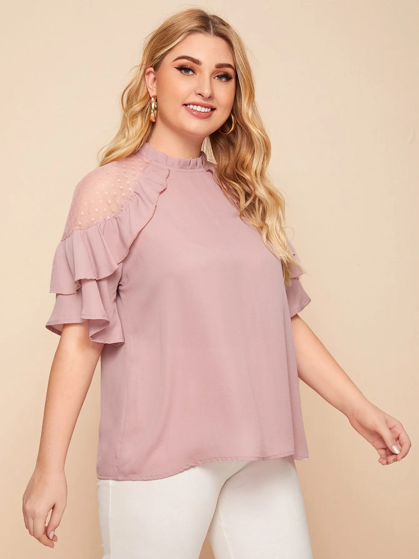 Polka Dot Sheer Half Sleeve Stand Collar Regular Plus Size Blouse
