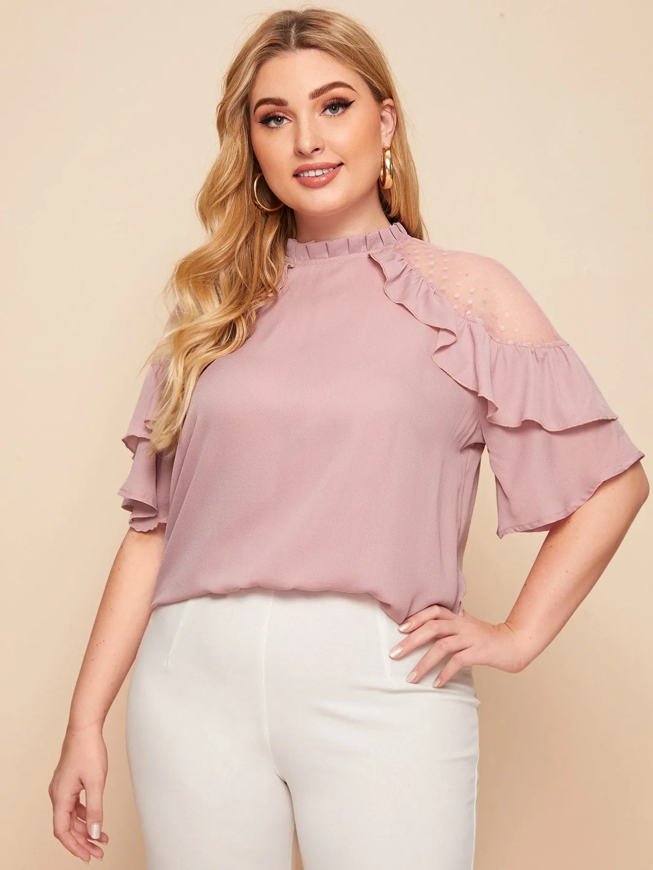 Polka Dot Sheer Half Sleeve Stand Collar Regular Plus Size Blouse