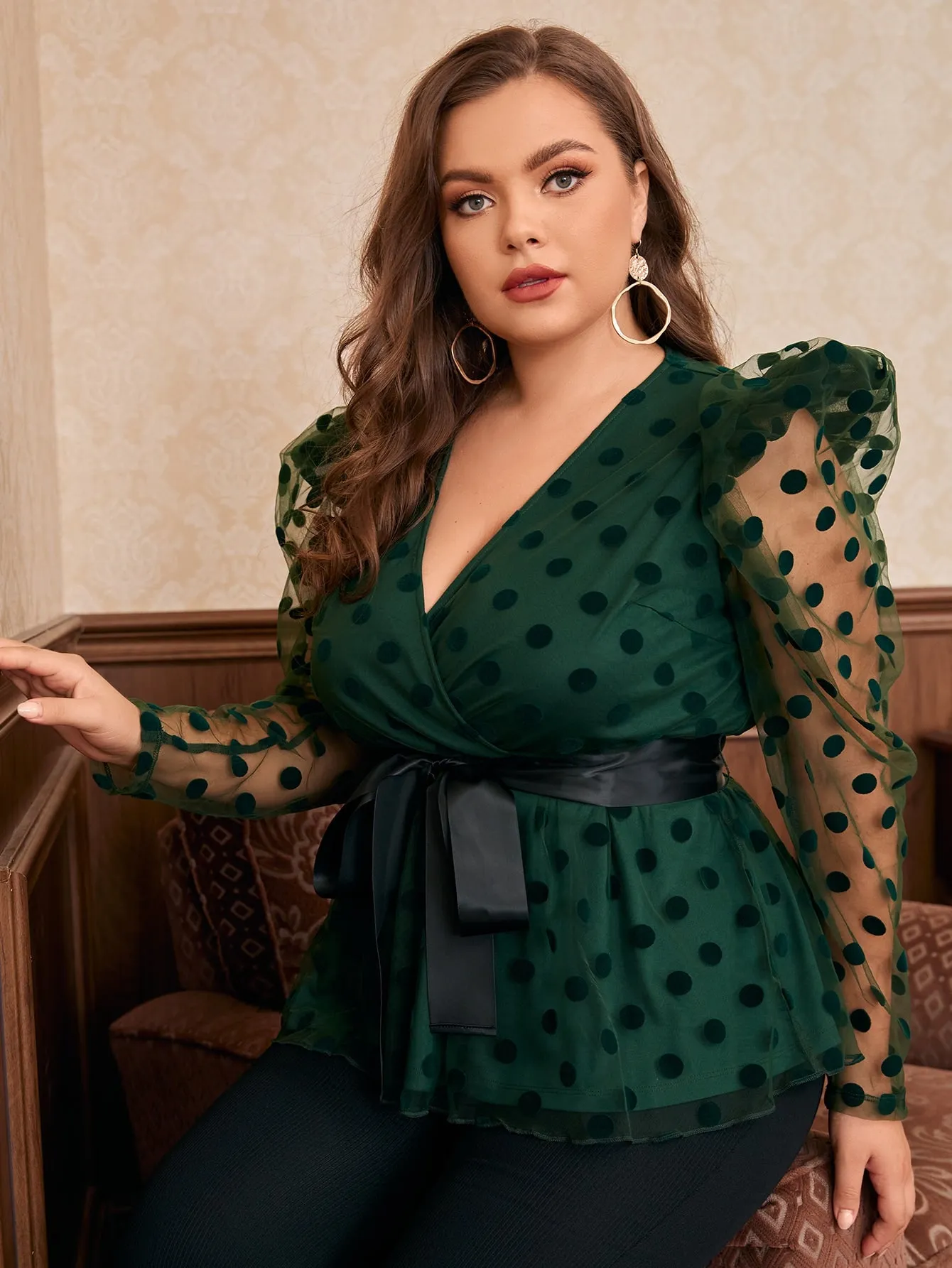 Polka Dot Wrap Long Sleeve Deep V Neck Semi-Sheer Flared Regular Plus Size Blouse