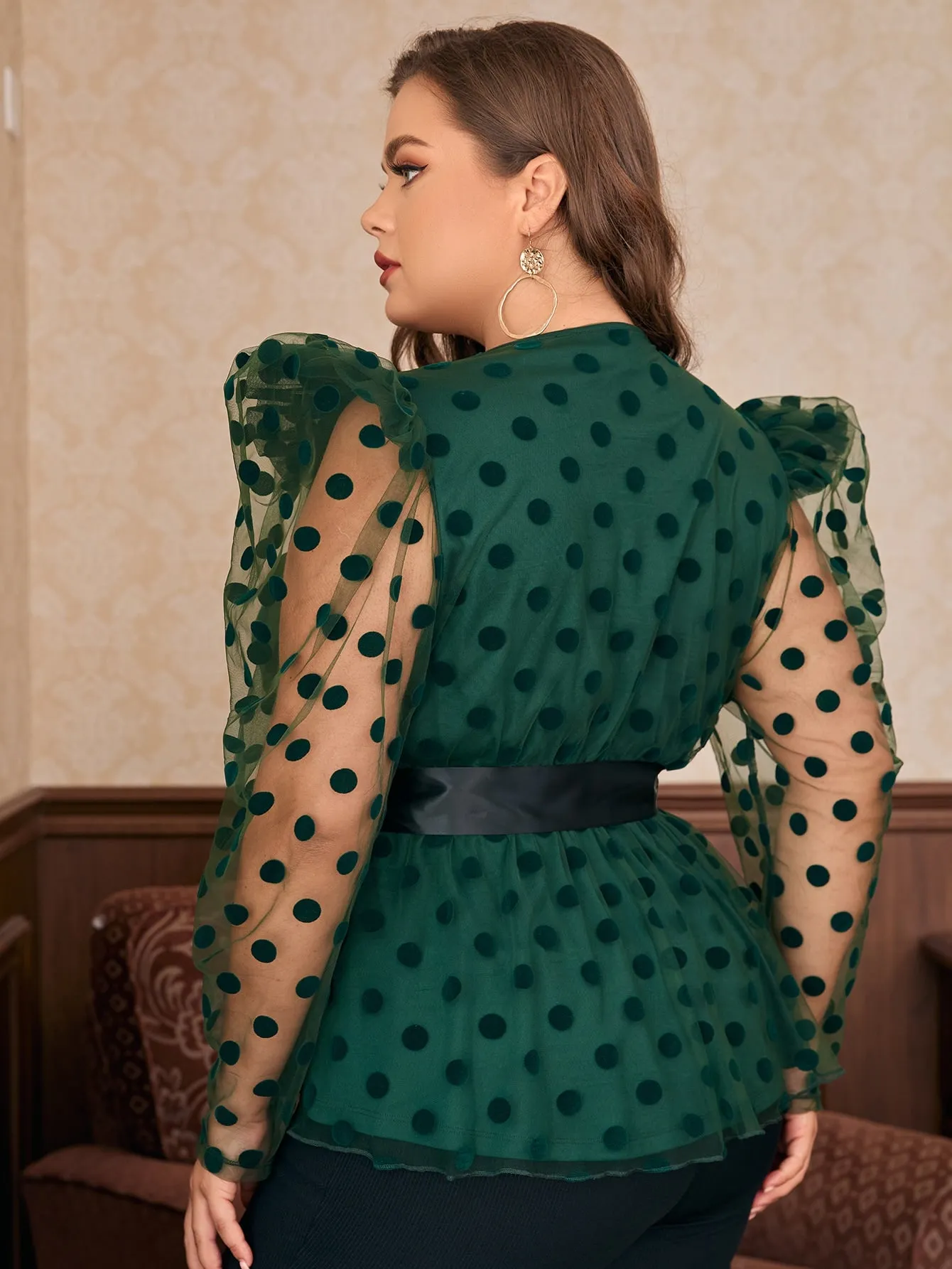 Polka Dot Wrap Long Sleeve Deep V Neck Semi-Sheer Flared Regular Plus Size Blouse