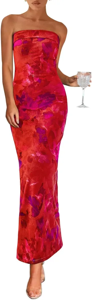 PRETTYGARDEN Womens Summer Printed Tube Maxi Dress Strapless Bodycon Sleeveless Night Out Long Dresses