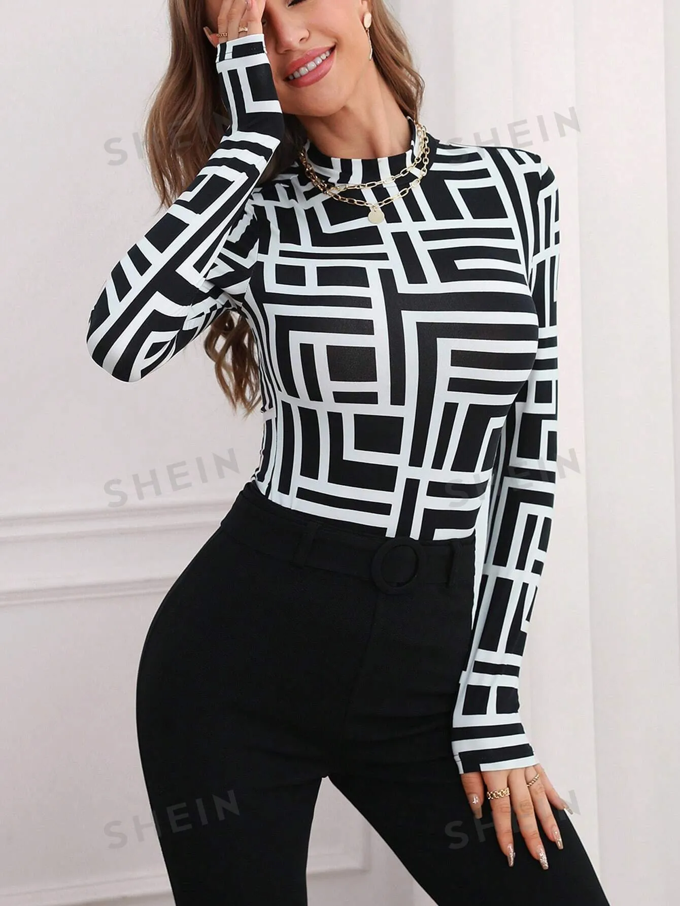 Privé Geo Print Mock Neck Long Sleeve Tee
