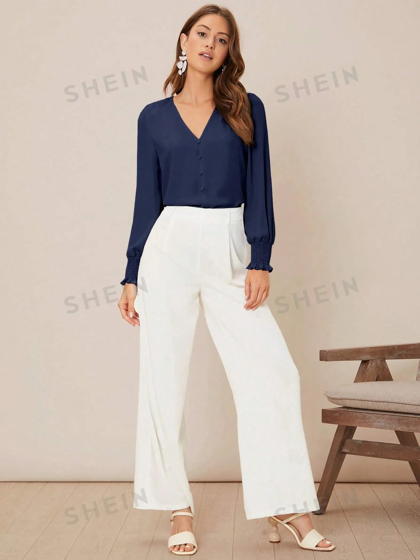 Privé Solid Button Front Lantern Sleeve Blouse