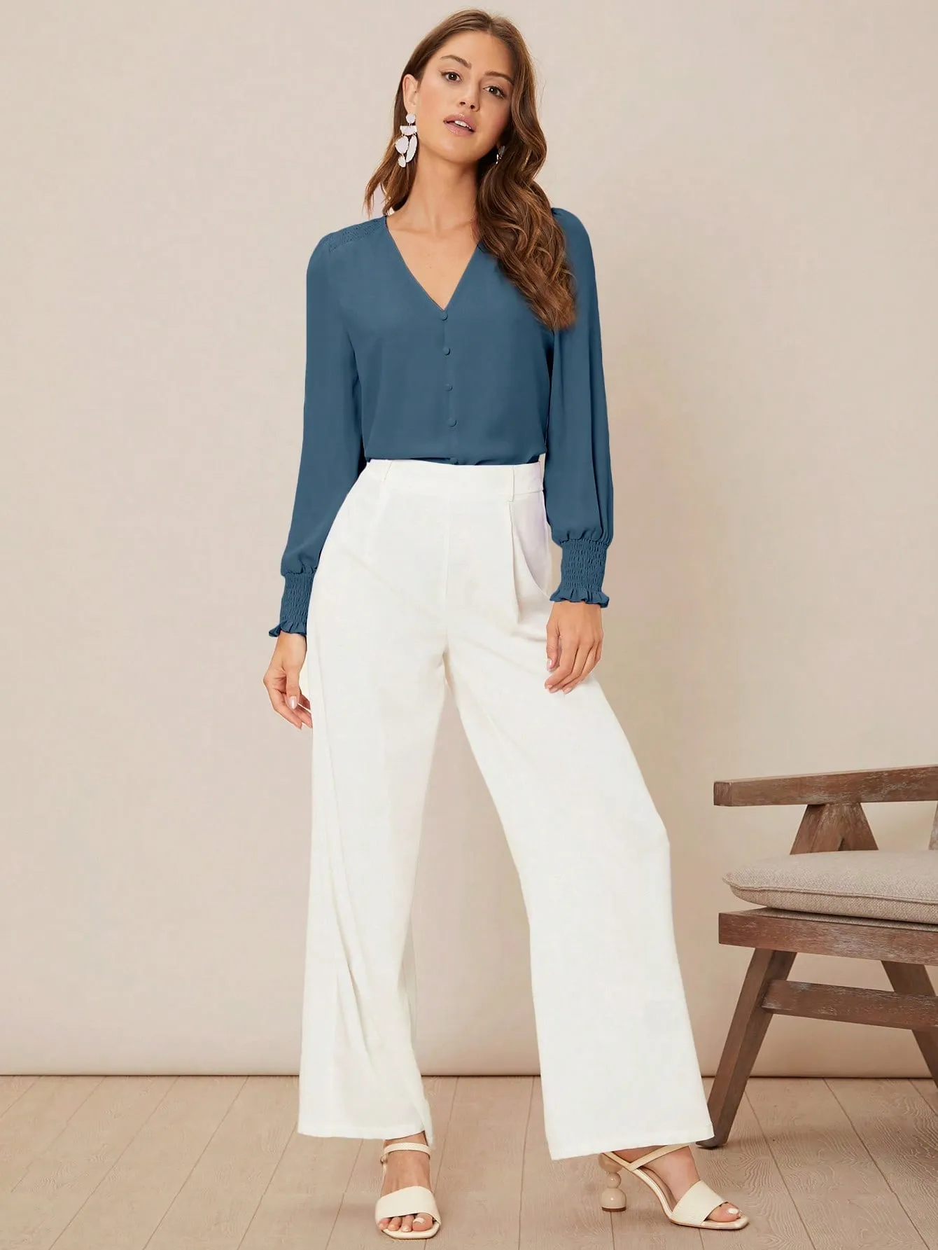 Privé Solid Button Front Lantern Sleeve Blouse