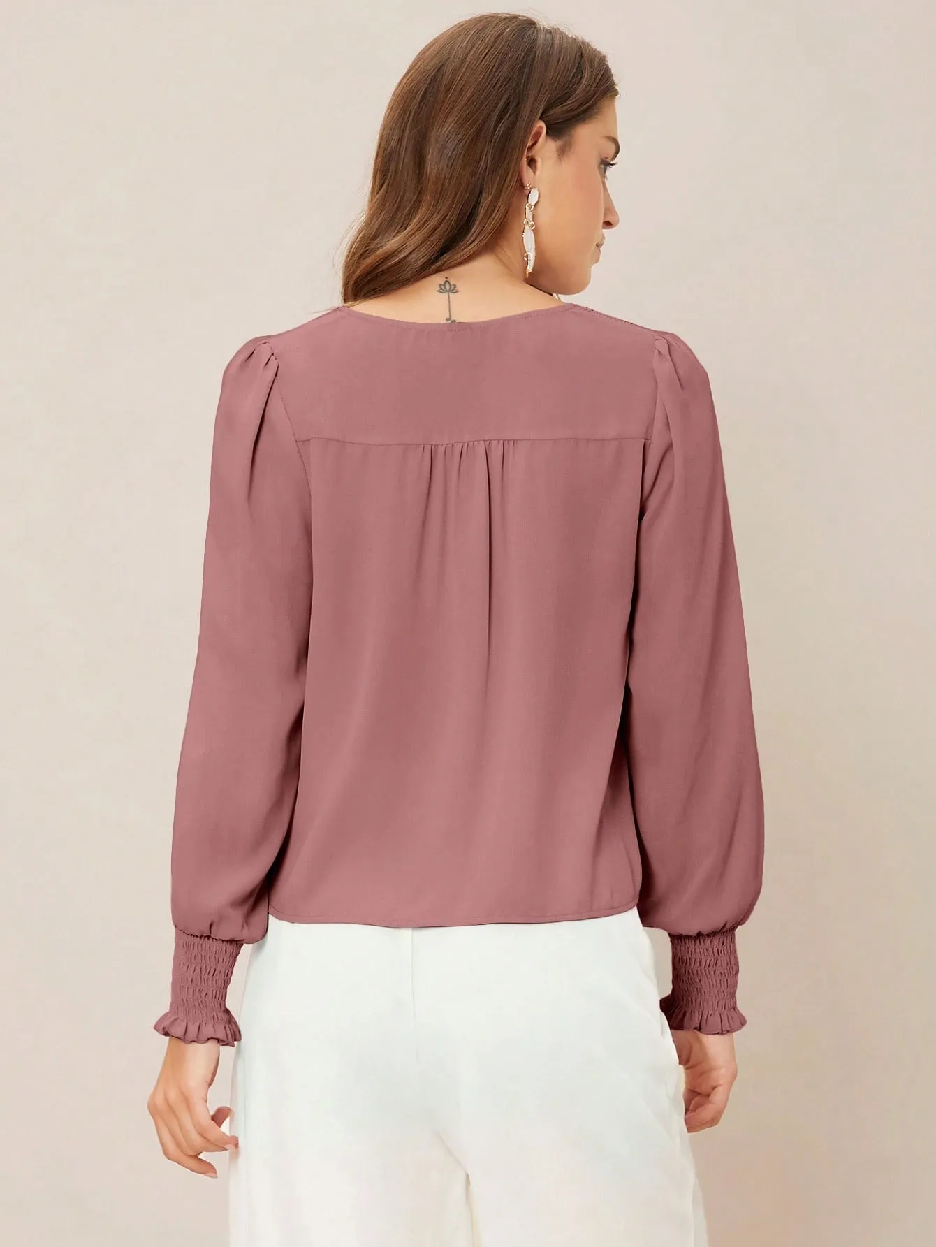 Privé Solid Button Front Lantern Sleeve Blouse