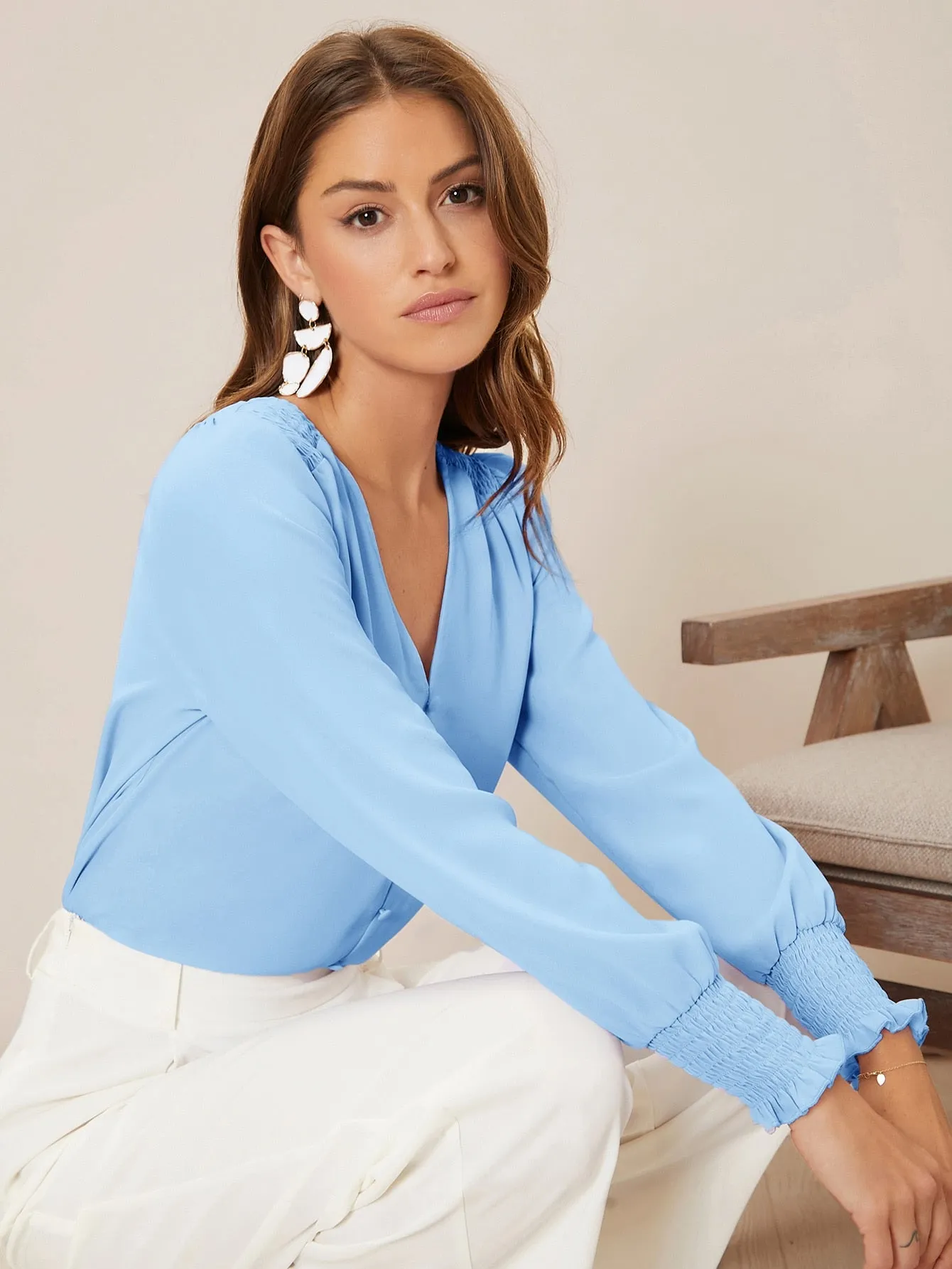 Privé Solid Button Front Lantern Sleeve Blouse