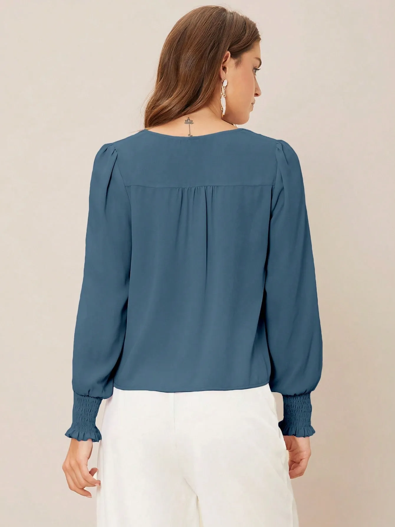 Privé Solid Button Front Lantern Sleeve Blouse