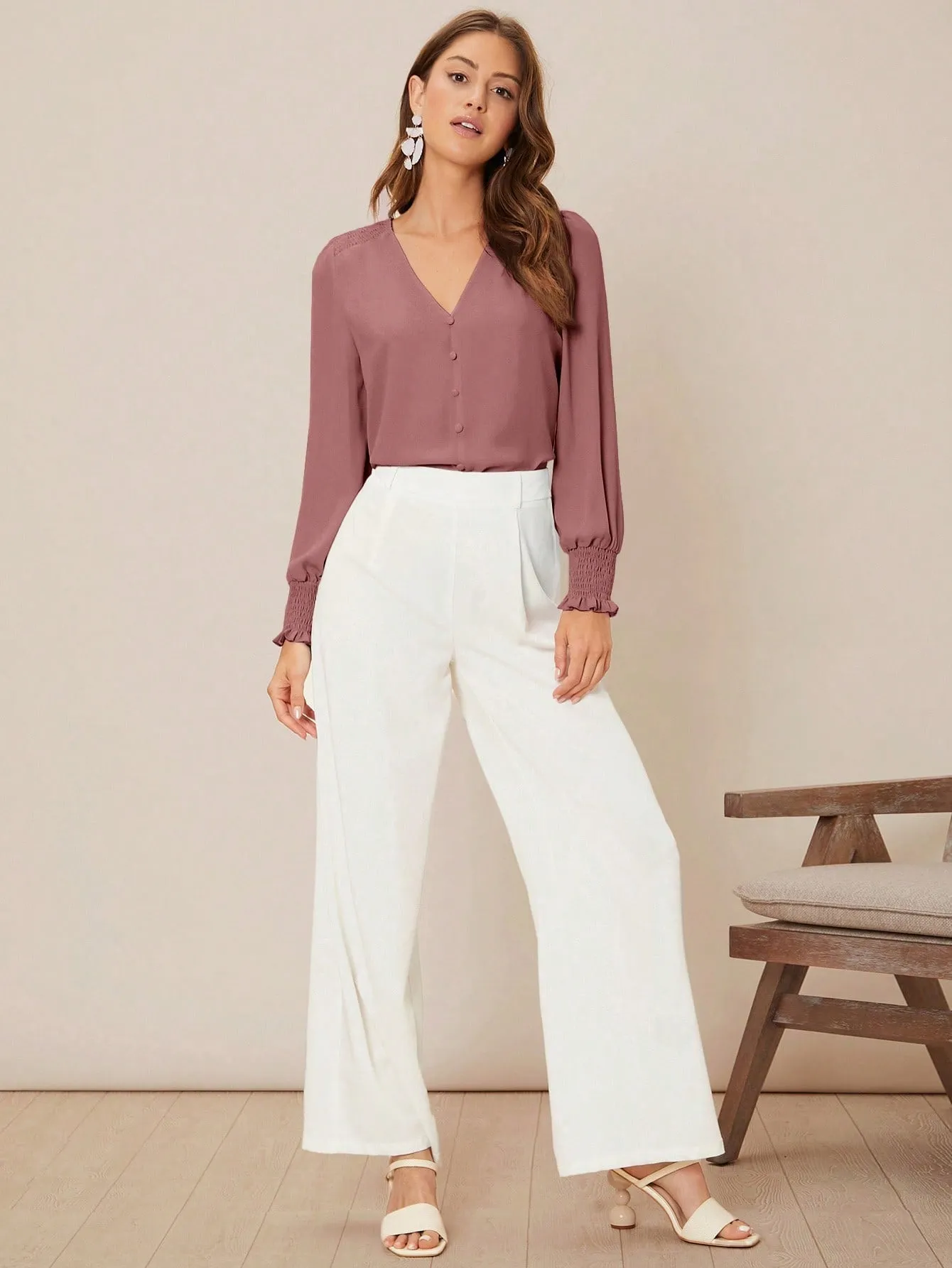 Privé Solid Button Front Lantern Sleeve Blouse