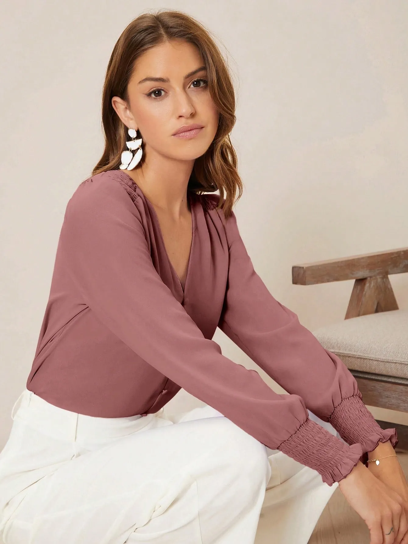 Privé Solid Button Front Lantern Sleeve Blouse
