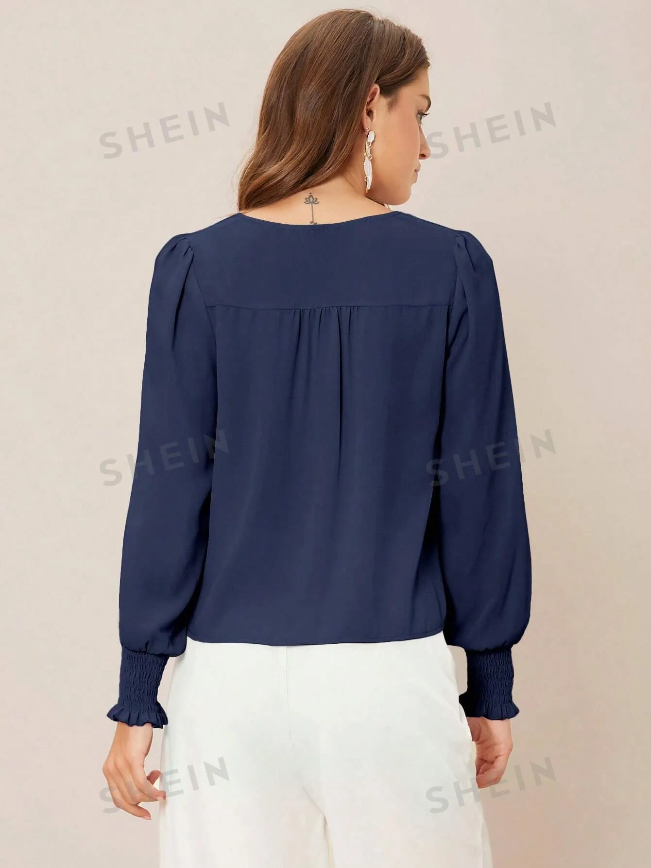 Privé Solid Button Front Lantern Sleeve Blouse