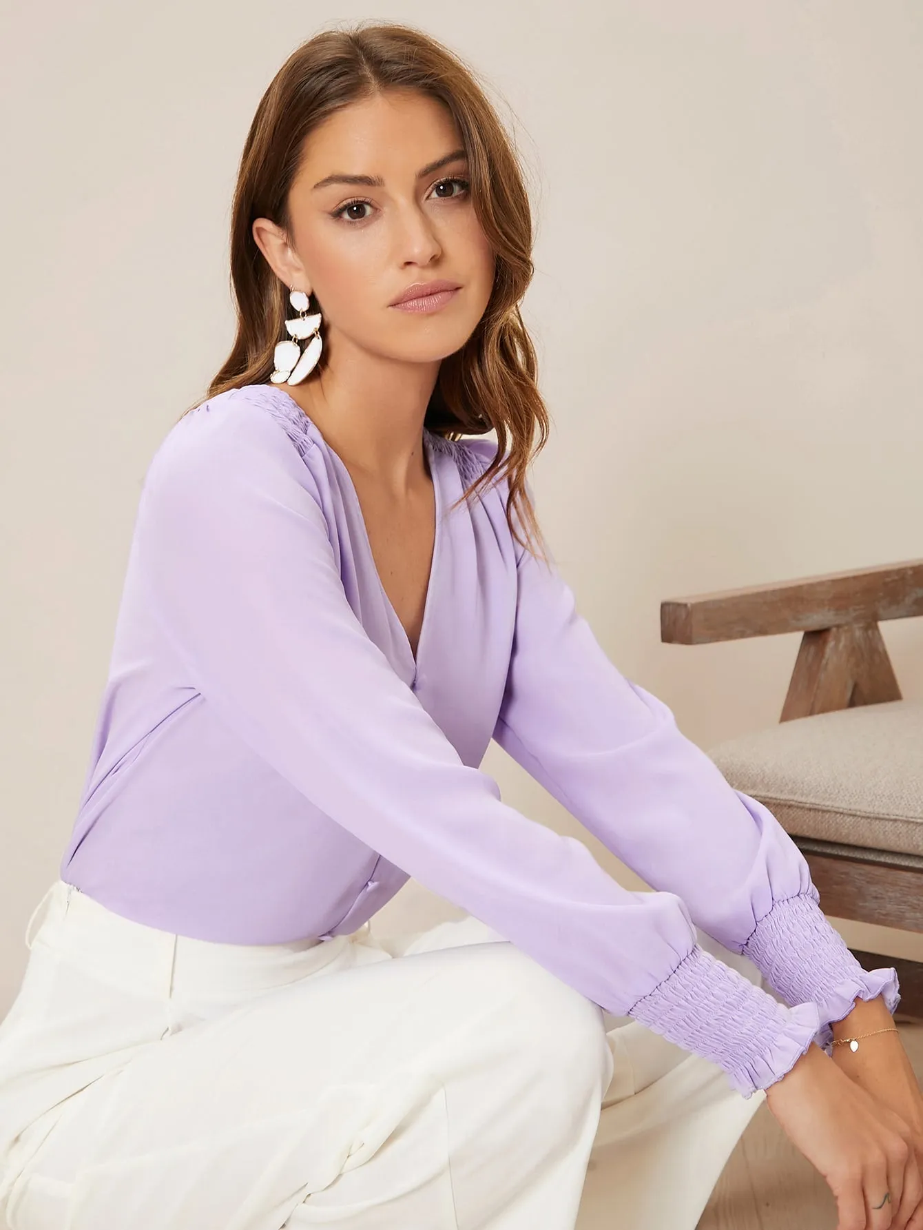 Privé Solid Button Front Lantern Sleeve Blouse