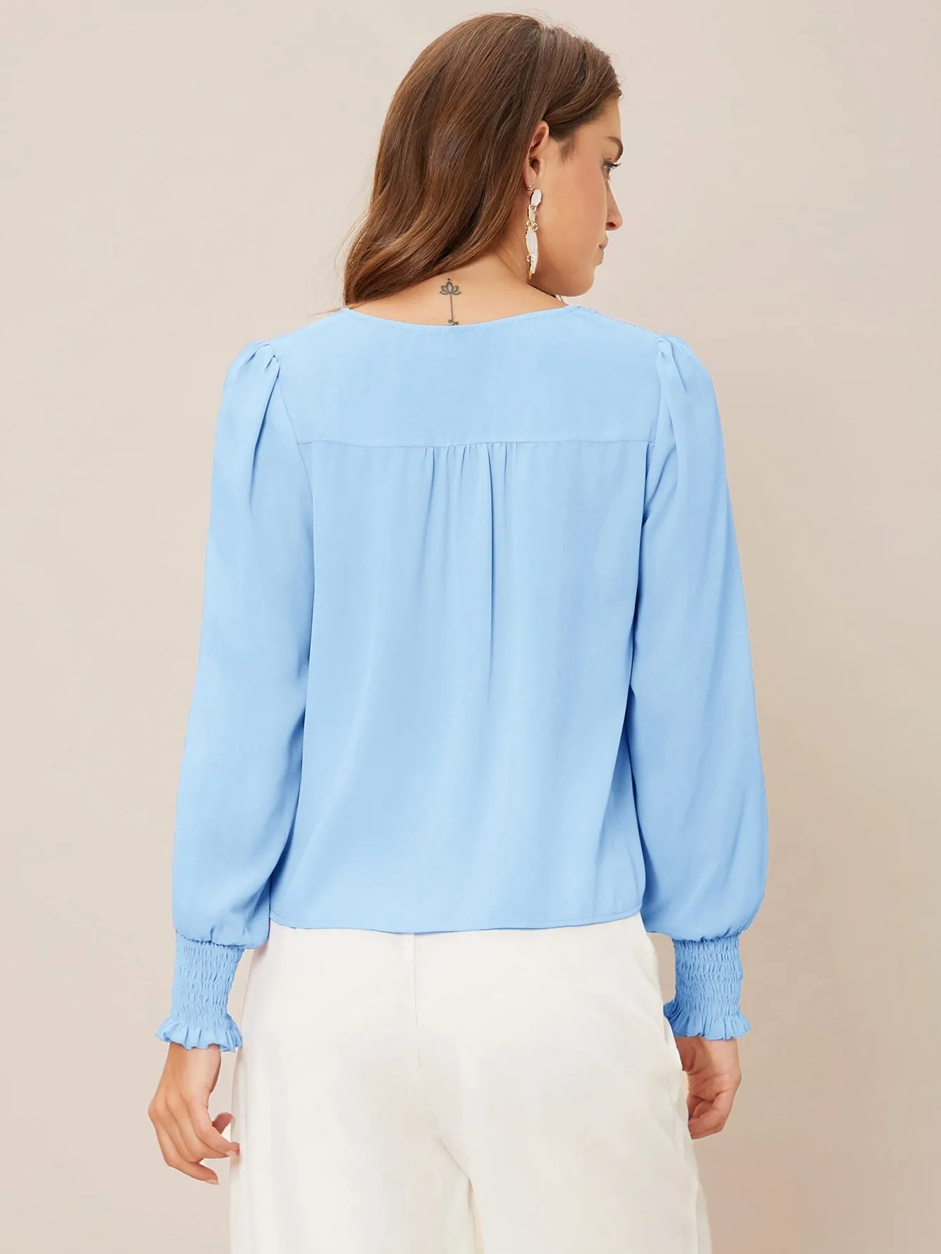 Privé Solid Button Front Lantern Sleeve Blouse