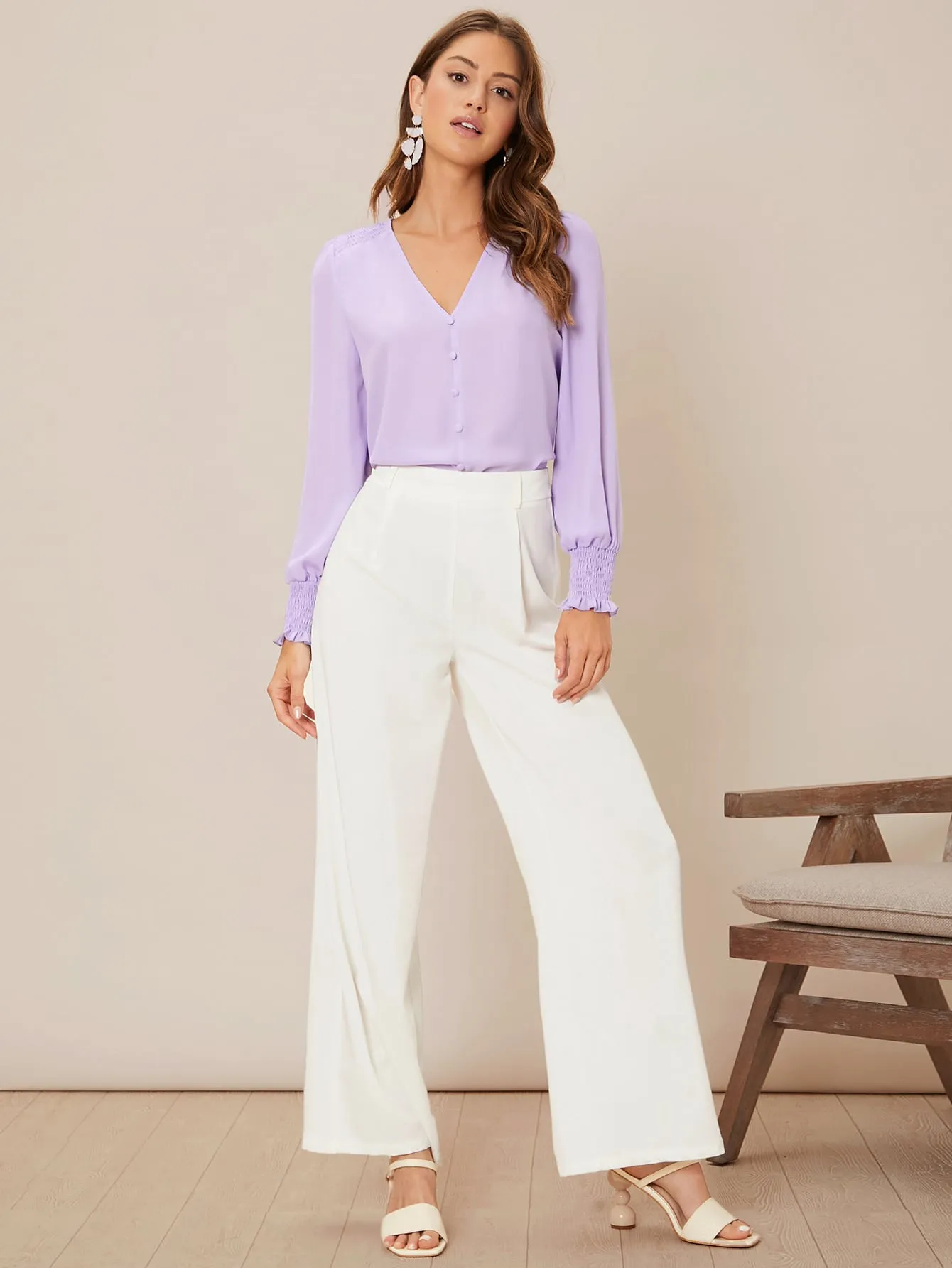 Privé Solid Button Front Lantern Sleeve Blouse