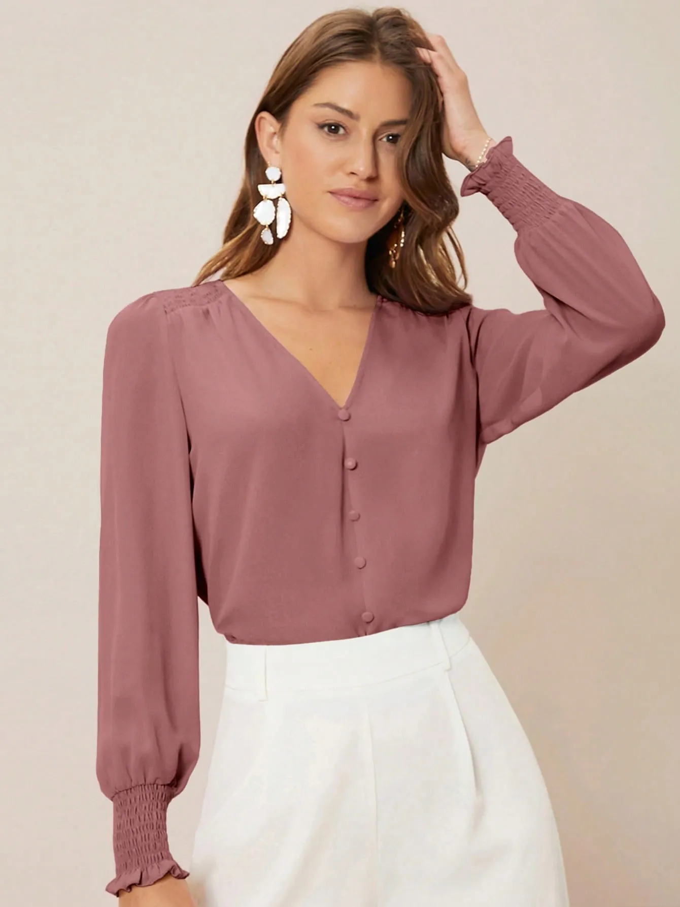 Privé Solid Button Front Lantern Sleeve Blouse