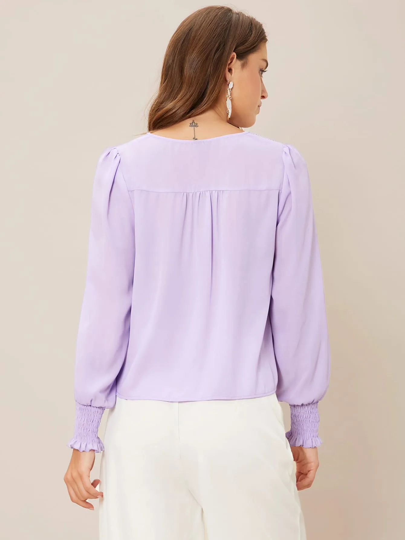 Privé Solid Button Front Lantern Sleeve Blouse