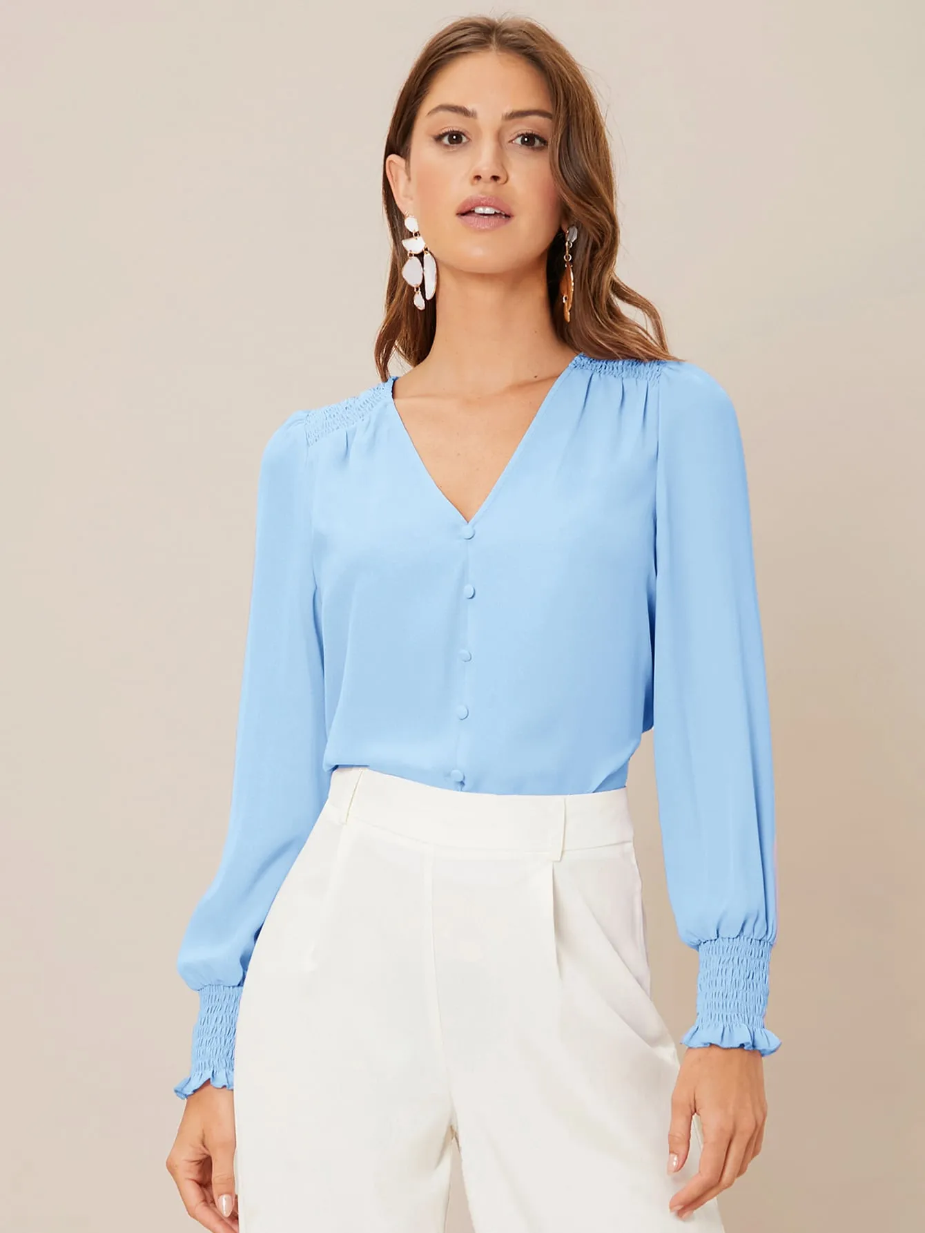 Privé Solid Button Front Lantern Sleeve Blouse